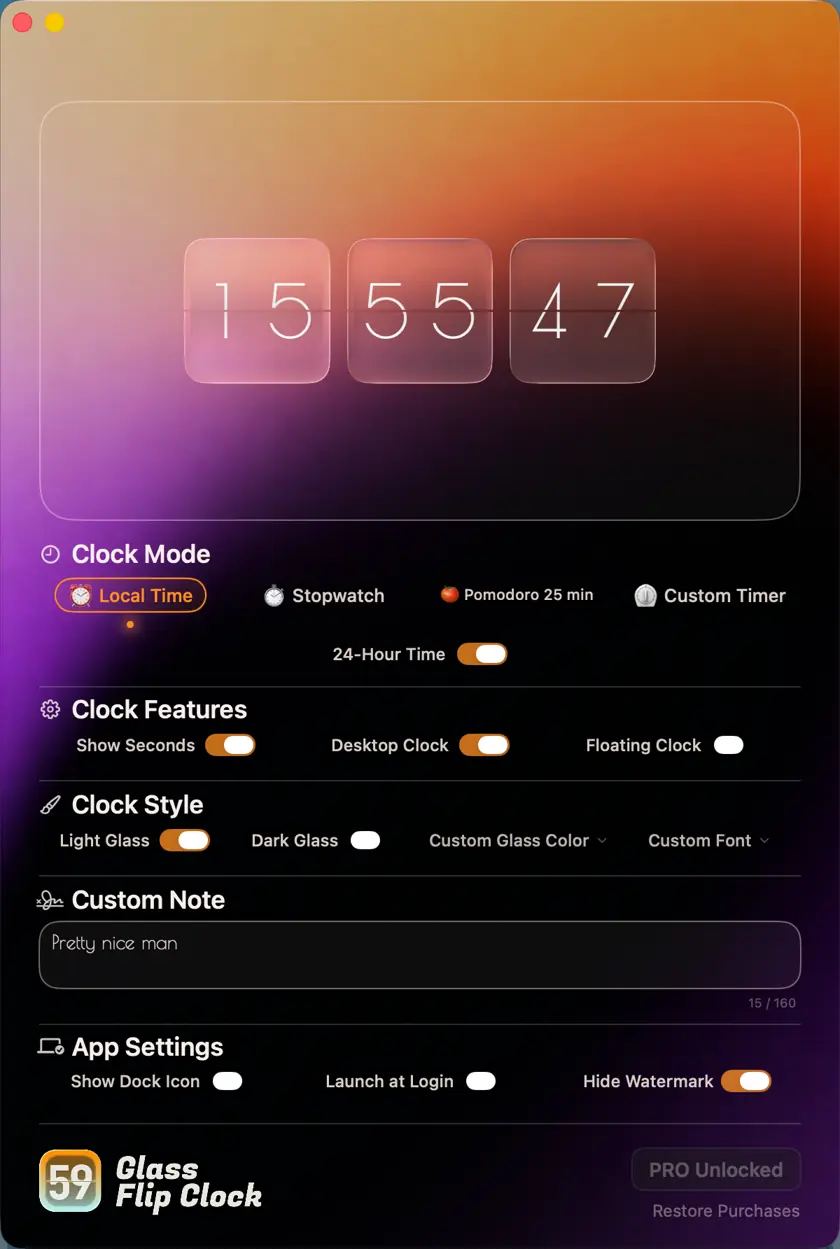 GlassFlipClock settings showing Local Time, Stopwatch, Pomodoro, Custom Timer, desktop and floating clock toggles, glass styles, fonts and Custom Note